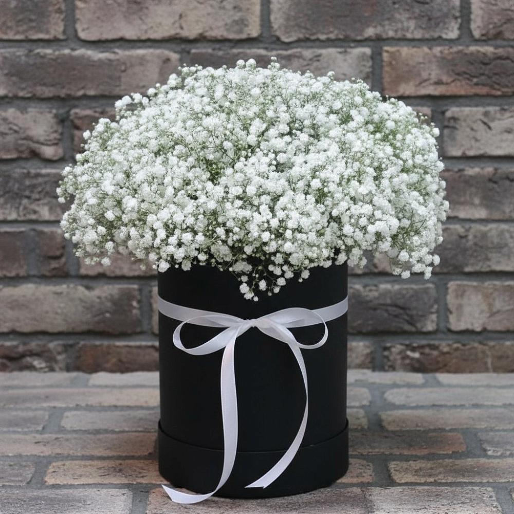 Цветочная композиция из Гипсофила в шляпной коробке в Первомайском Кировской области